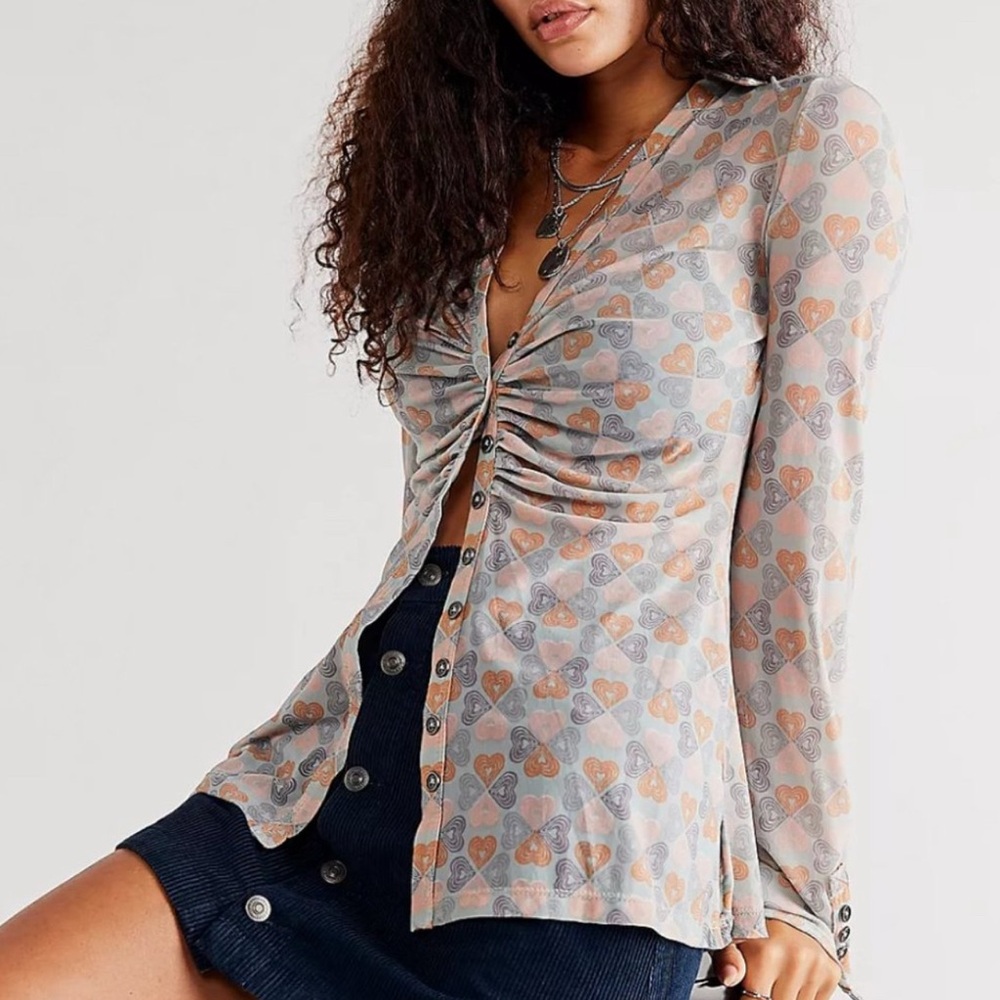 Free People Lucky Shirtee Mesh Sheer Ruched Blouse Mint Combo S